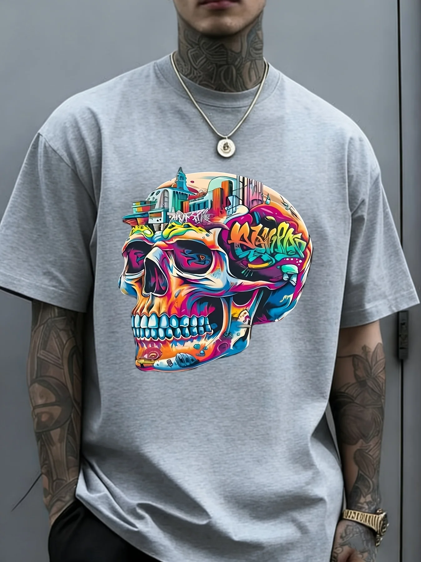 Men's T-shirts, Featuring A Street Art Style, Showcase A Vibrant Skull Design |  Black Backgrounds and Vibrant Urban Architectural Patterns, Are Ideal for Creating A Stylish Look, Breathable, Sweat-absorbing, Soft, and Suitable for Daily Commuting