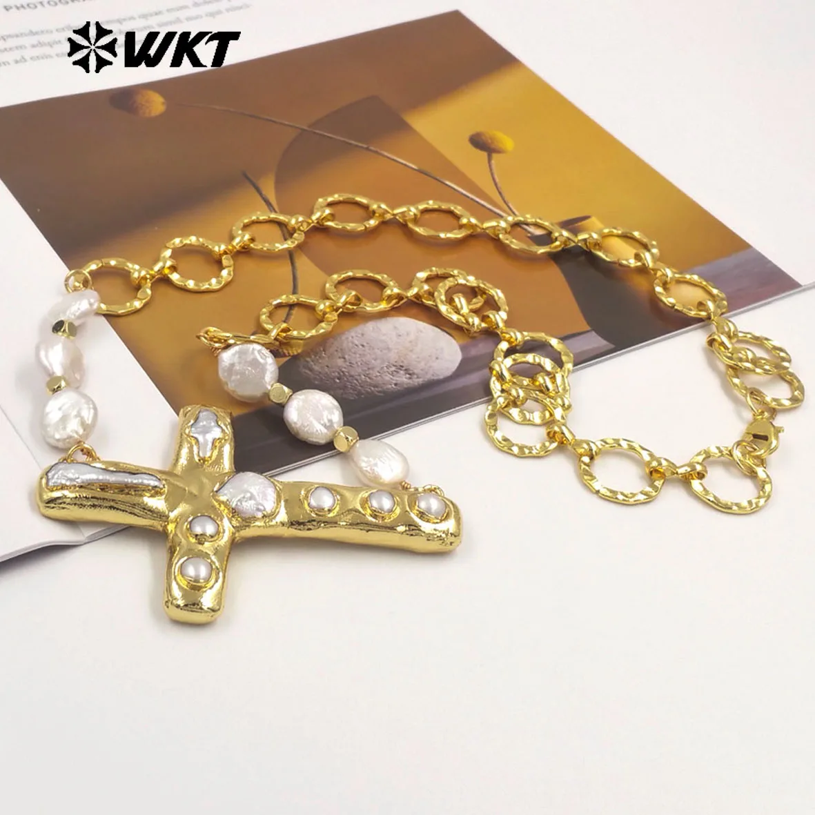 

WT-JN369 Newest Natural Pearl Exquisite Simple Cross Shape 25inch Necklace With 18k Real Gold Plated For Women ACC