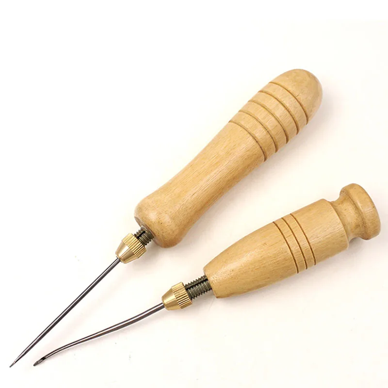 1Set DIY Leather Sewing Awl Needle With Wood Handle Set Leather Canvas Tent Shoes Repairing Tool Nylon Thread Leather Sewing Kit