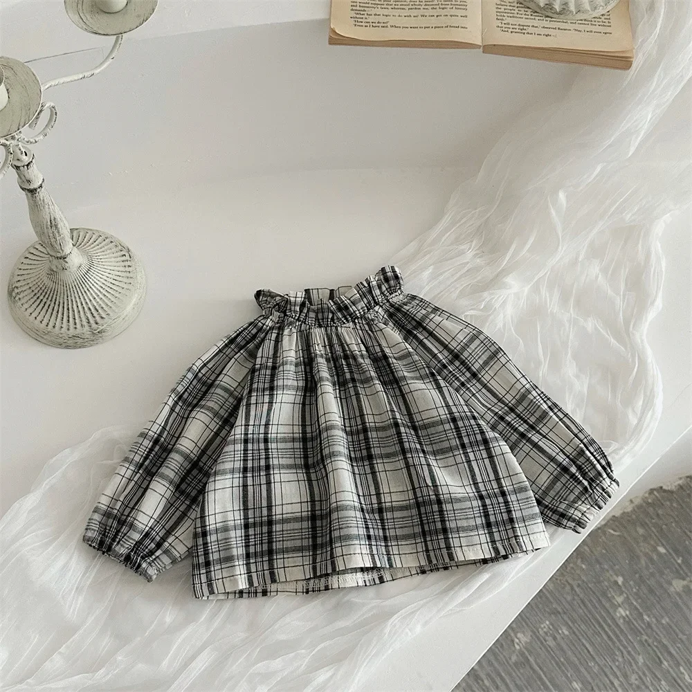 2025 ربيع الرضع طفل طويل الأكمام قمصان مربعة النقش القطن طفل صبي فتاة الوقوف طوق بلايز عادية قمصان الموضة الملابس #4