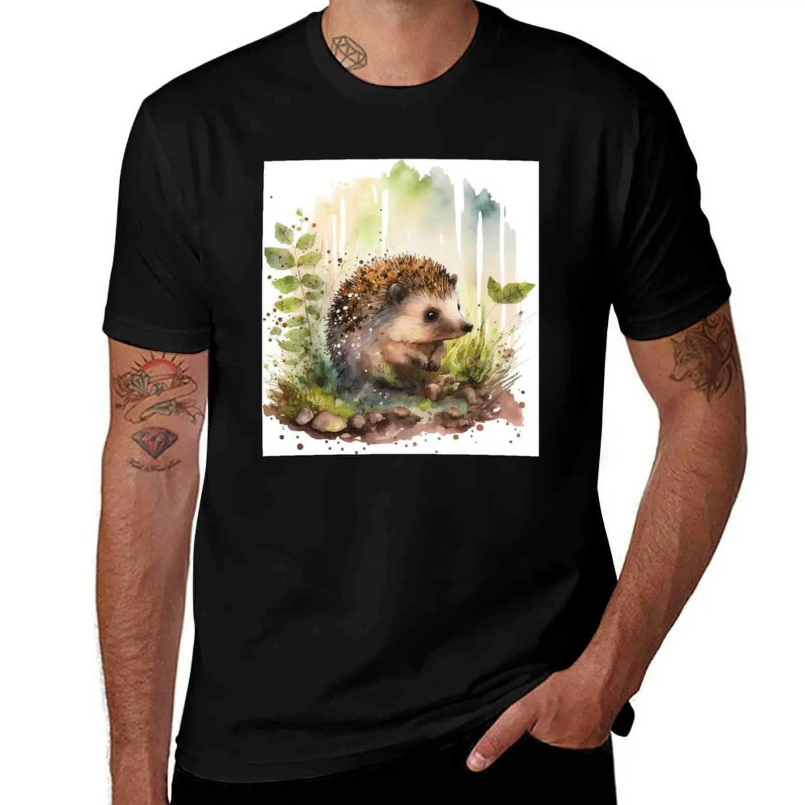 Watercolor Cute Baby Hedgehog Sitting in the Grass, Colorful Hedgehog Piglet T-Shirt Durable Work Wear T-Shirt