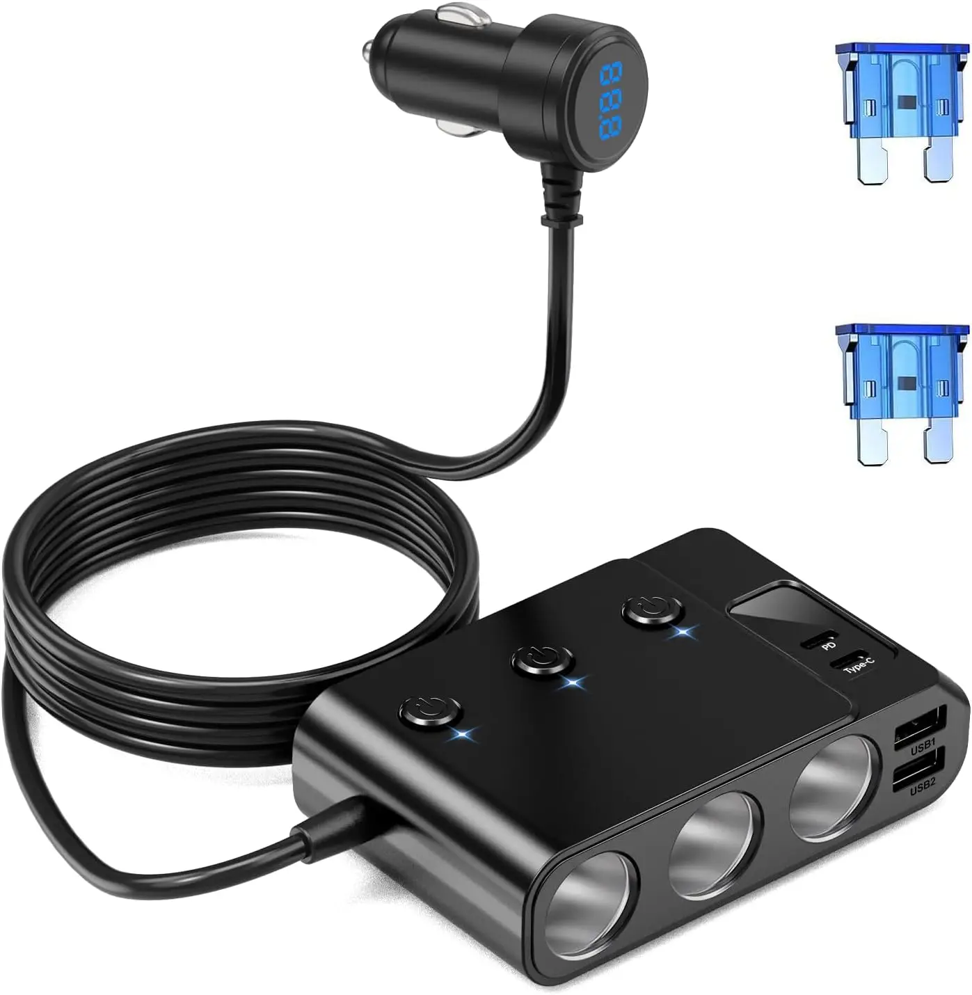 

Автомобильное зарядное устройство 7-в-1 с PD30W Type-C, 2 USB-портами, LED-вольтметром и переключателями для автомобилей 12В/24В (кабель 1 м)