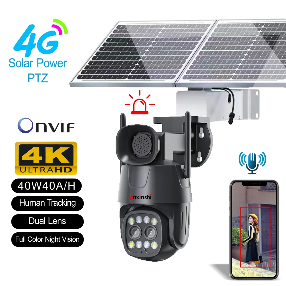 

Anxinshi 8MP 4K 4G SIM 40W 40A Solar Outdoor IP66 PTZ Security Camera Dual Lens Full Color Night Vision Human Tracking CamHipro