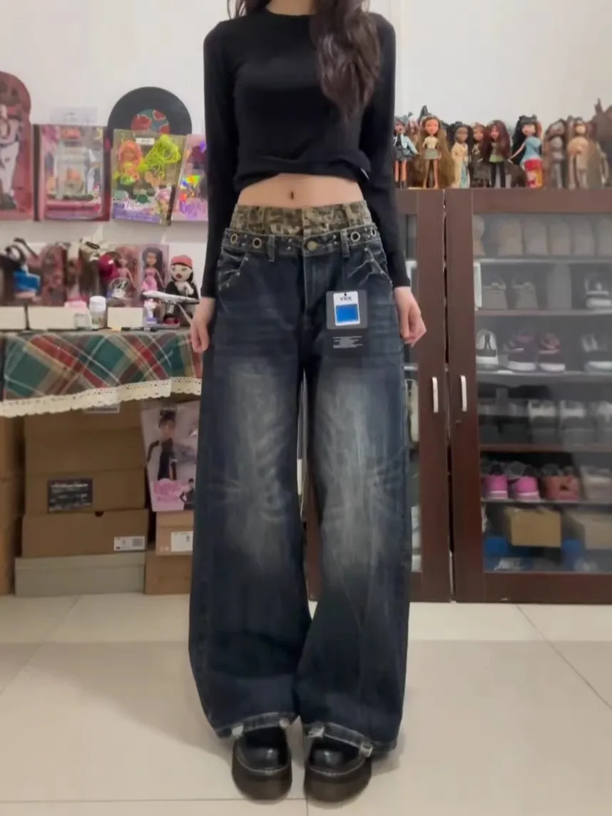 

Loose Wide Leg Jeans Women's Casual High Waist Rivet Double Waist Head Slimming Straight Leg Long Pants American Retro Style
