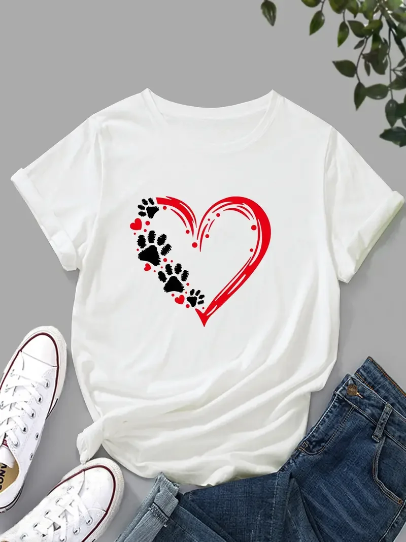 Dog Paw Print T-Shirt Funny Short Sleeve O-Neck Tops Womans T-Shirt Casual Top Summer Fashion Clothing White Black Tee