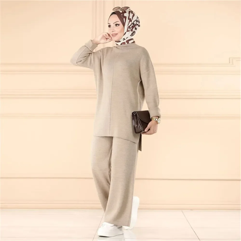 Elegante casual herfst winter gebreide 2-delige set damesoutfits bijpassende moslimset wijde pijpen broek pak trainingspak Ramadan Arabisch