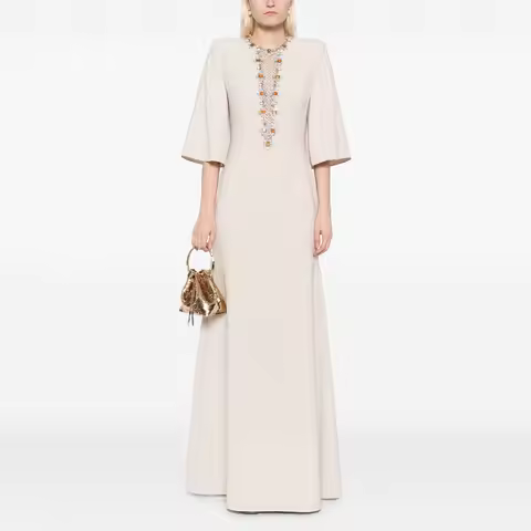 Elegant Wedding Guest Dress Champagne Crystal O Neck Mermaid Formal Party Gowns for Women 2025 3/4 Sleeves Trumpet Evening Dress