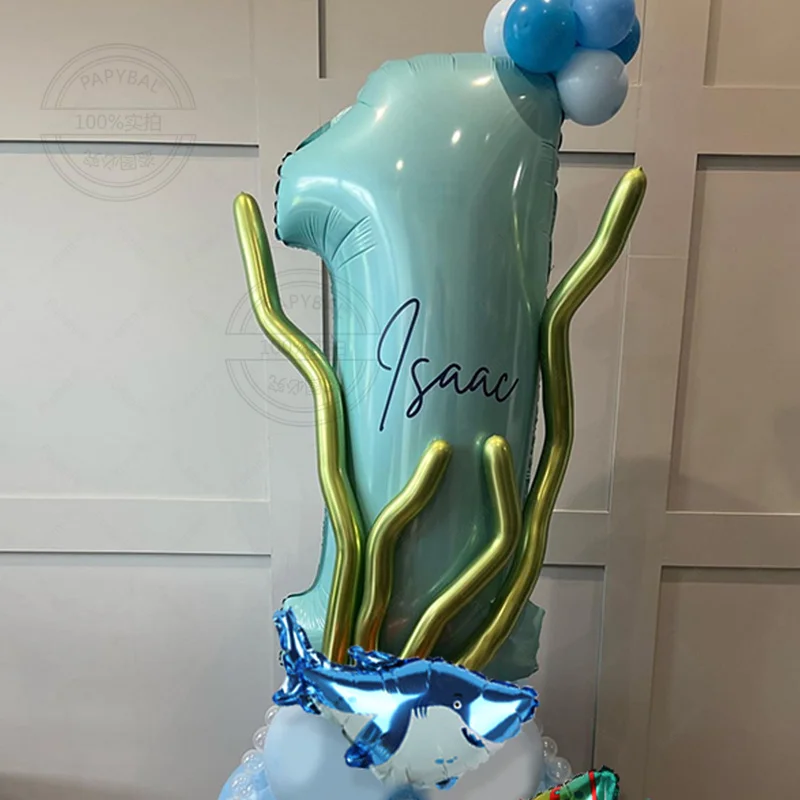 31 szt. Motywem oceanicznym niebieska cyfra folia zestaw balonów Mini rekin niebieski Macaron lateksowe balony dla dzieci na urodziny Baby Shower