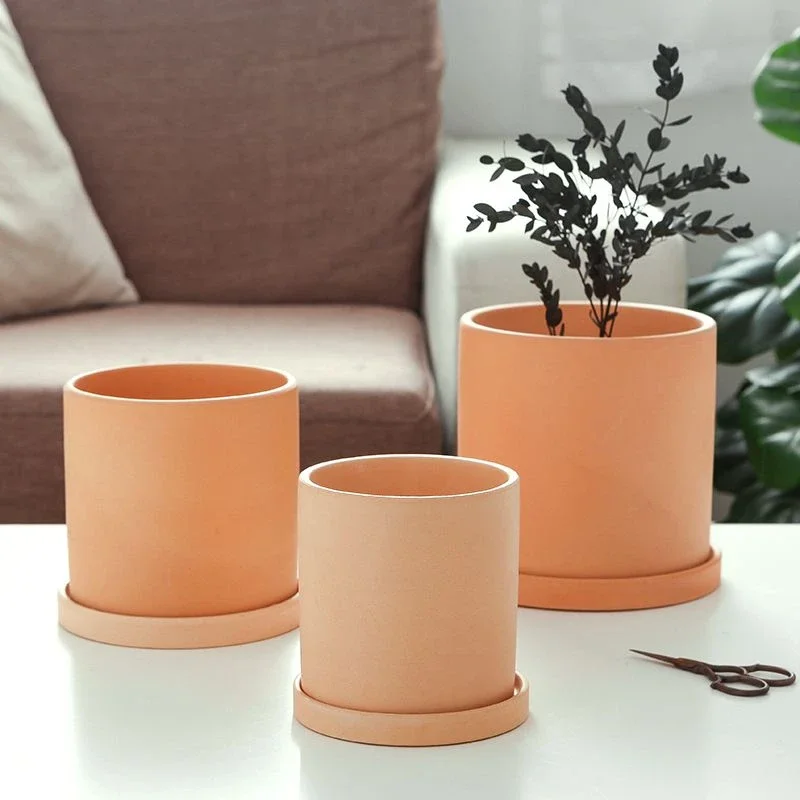 Clay Flower Pots with Trays Minimalist Cylindrical Breathable Plant Pot Indoor Outdoor Vase Garden Planter Home Decor Gift