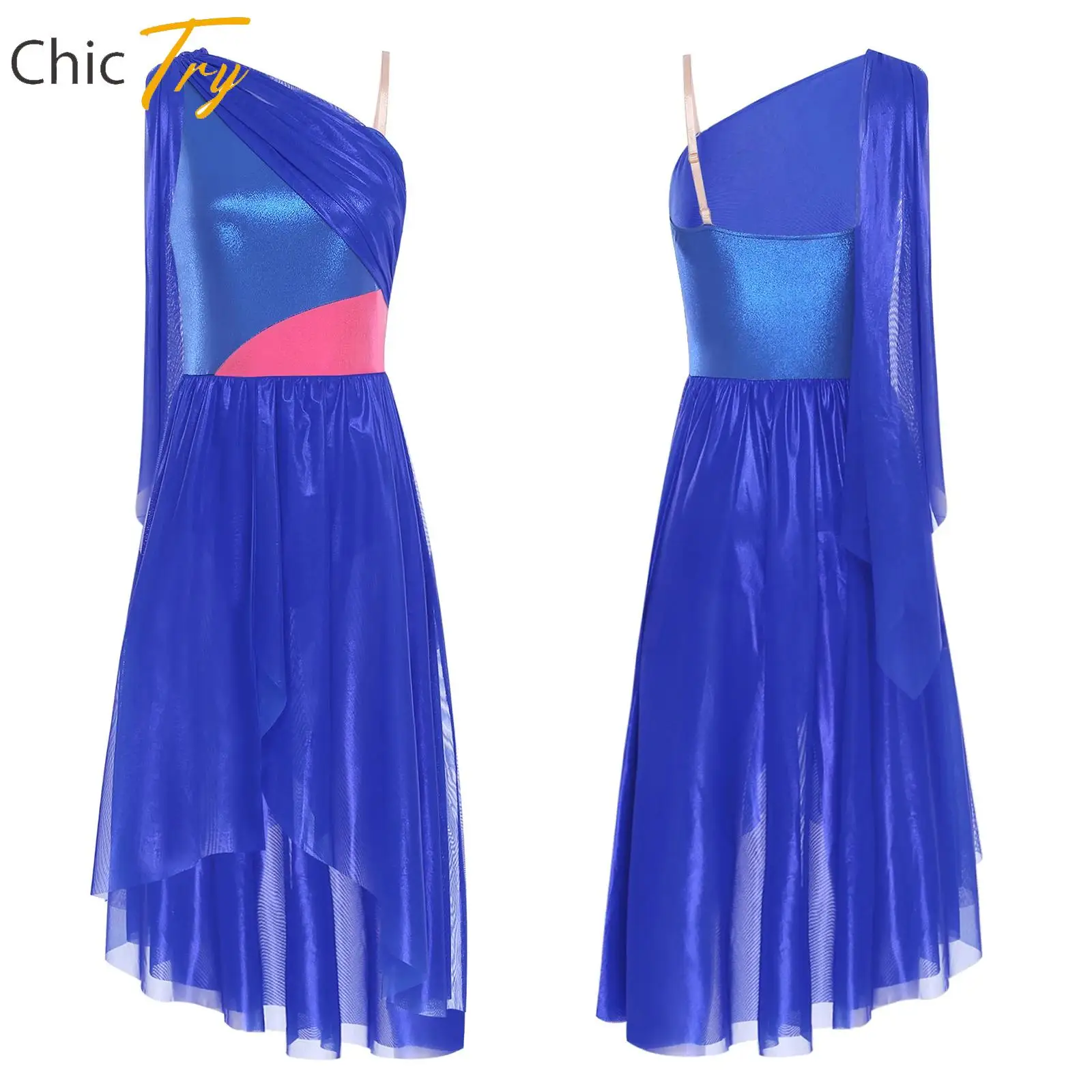 

Women Modern Lyrical Dance Costume Sleeveless Color Block Asymmetrical Split Tulle Dress Ice Skating Contemporary Dance Costume