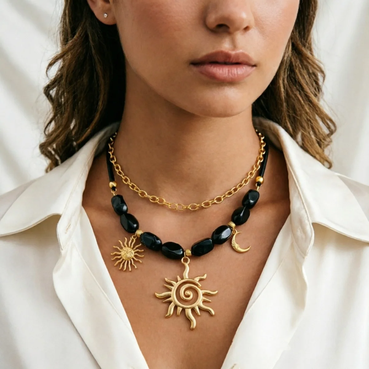 Doppelschichtige Unregelmäßige Schwarze Harzperlen Spiral-Sonne-Mond-Anhänger Halskette für Frauen und Männer Ethnischer Stil Sonnenblumen-Choker Schmuck – Detail 17