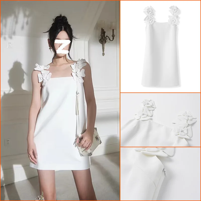 2024 Summer New Three-Dimensional Flowers Sleeveless Suspender Dress Female Socialite Luxury High-Grade Slim Fit Mini Dress Lady