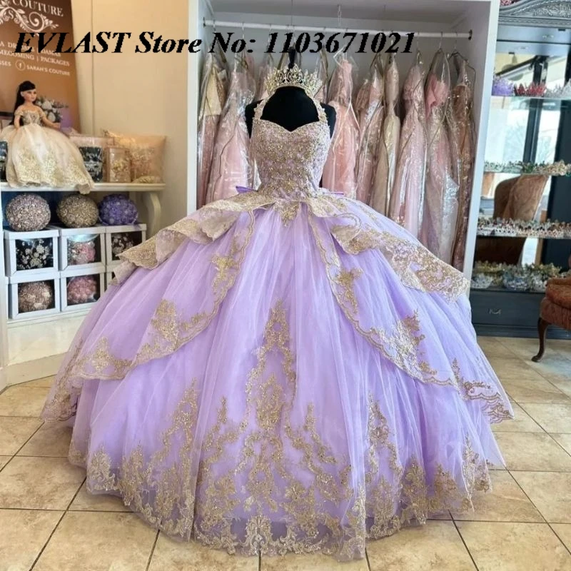 EVLAST Блестящее лавандовое платье Quinceanera, бальное платье с золотой кружевной аппликацией и бисером, многоуровневый бант Sweet 16, Vestidos De XV 15 Anos SQ9