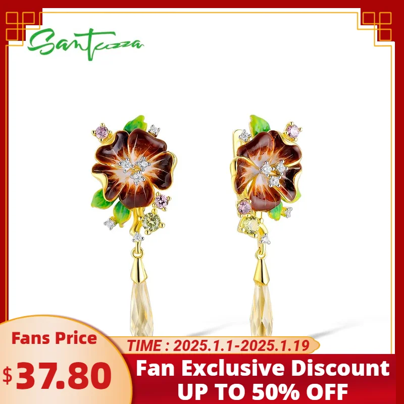 SANTUZZA Genuine 925 Sterling Silver Drop Earrings For Women Flowers Rhodolite Garnet Zirconia Enamel Trendy Fine Jewelry