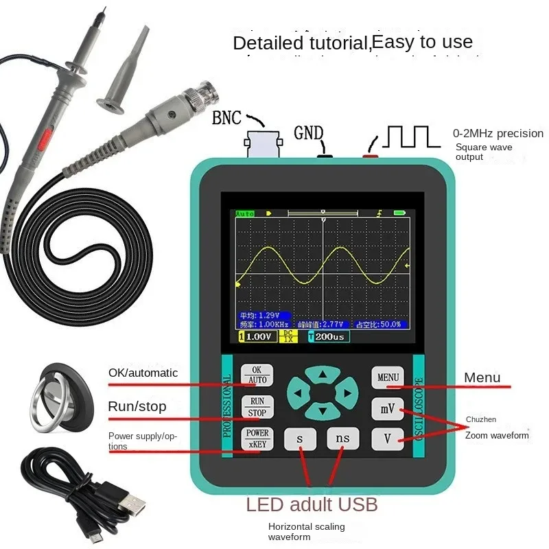 Handheld Mini Digital Oscilloscope with 2.4 Inches TFT Color LCD Screen 120M Bandwidth 500M Sampling Rate for DIY ElectronicTest