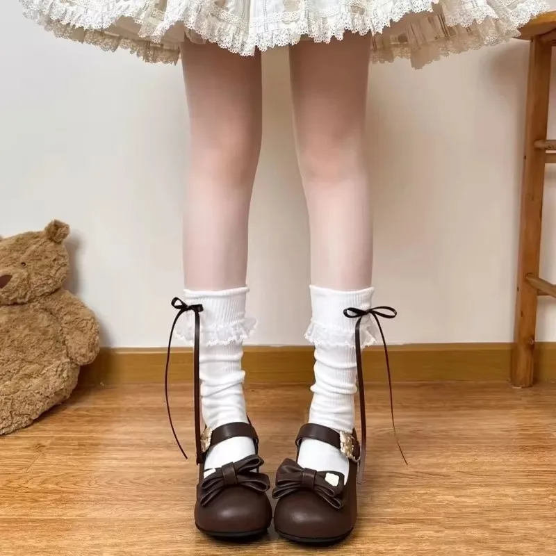 

Lolita Over Knee-high Socks Cotton Sweet Lace Bow Ribbon Kawaii Calf-length Socks Thigh-high Stockings JK Cosplay Accessories