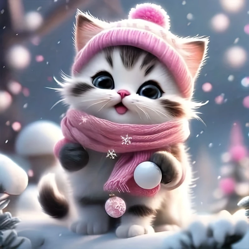 

DIY Cute Winter Kitten Jigsaw Puzzle, Fluffy Cat in Pink Knit Hat and Scarf, Whimsical Holiday Home Decor