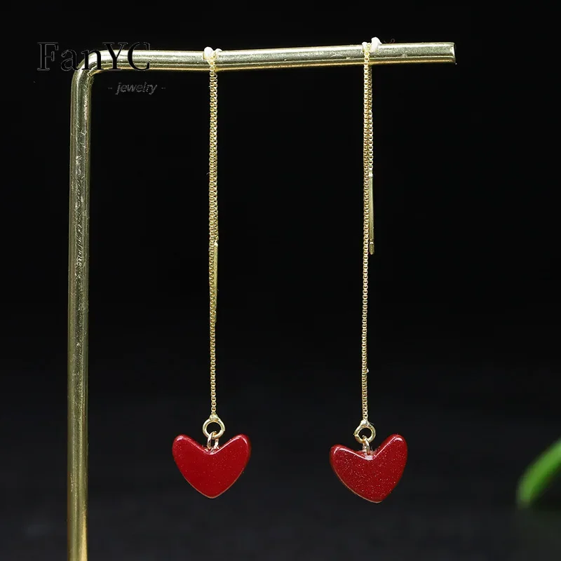 Natural V-shaped Cinnabar Love Heart Earrings Necklace Set Fashion Light Luxury Red Heart Cinnabar Pendant Ladies Birthday Gift