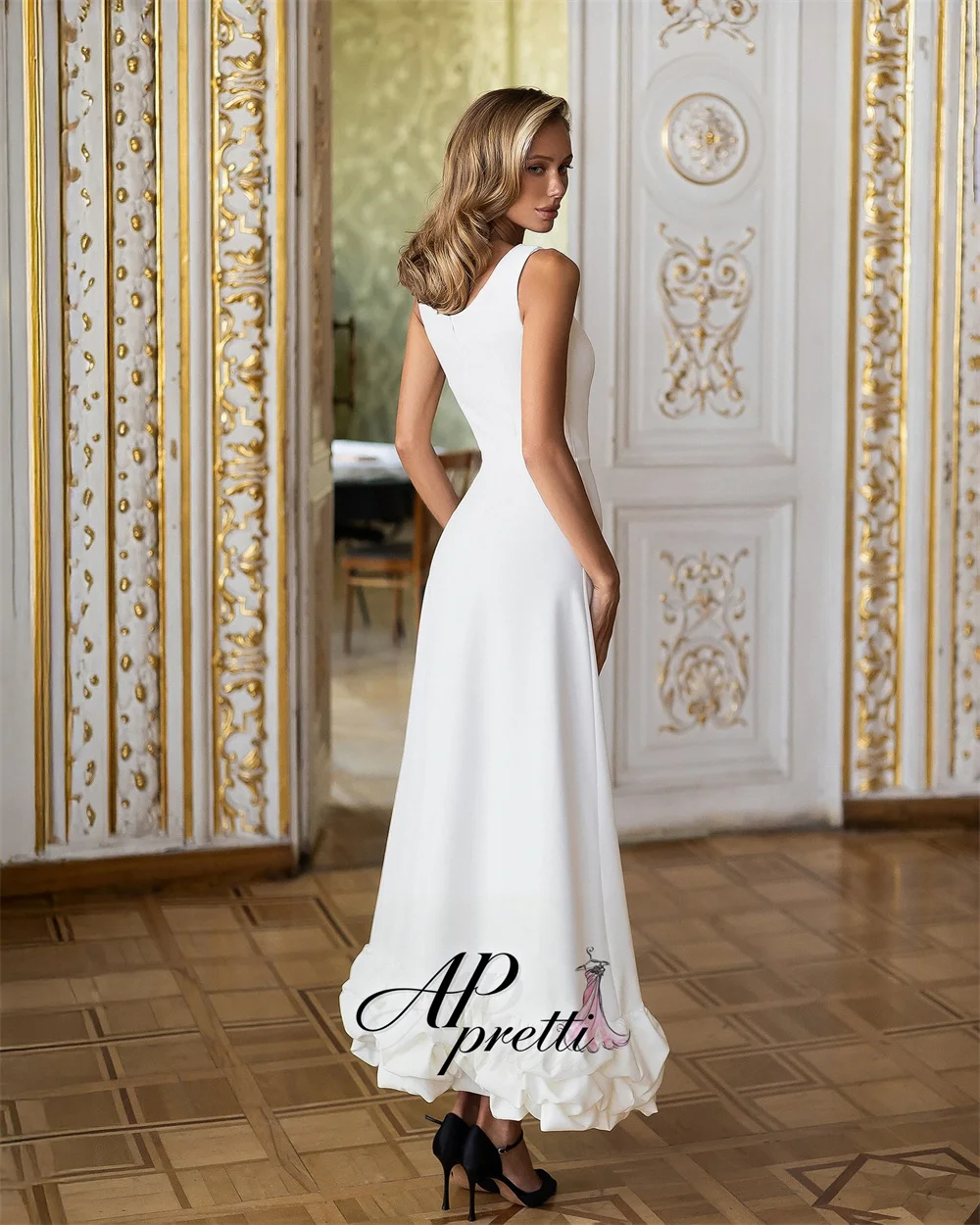AP pretti Elegant A-line Square Collar Formal Evening Gown Sleeveless Pleat Wedding Party Dress Ankle-Length Customized  ﻿