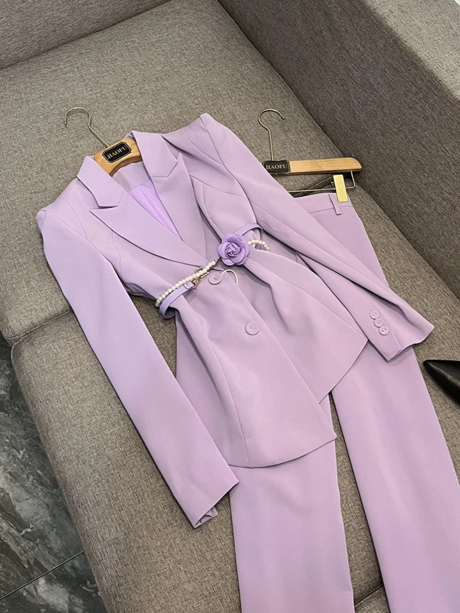 

Faionable Busin Commute Жемчужный костюм с цепочкой на талии и жемчужным цветком, комплект брюк с широкими штанинами, женский ансамбль Ele Profional