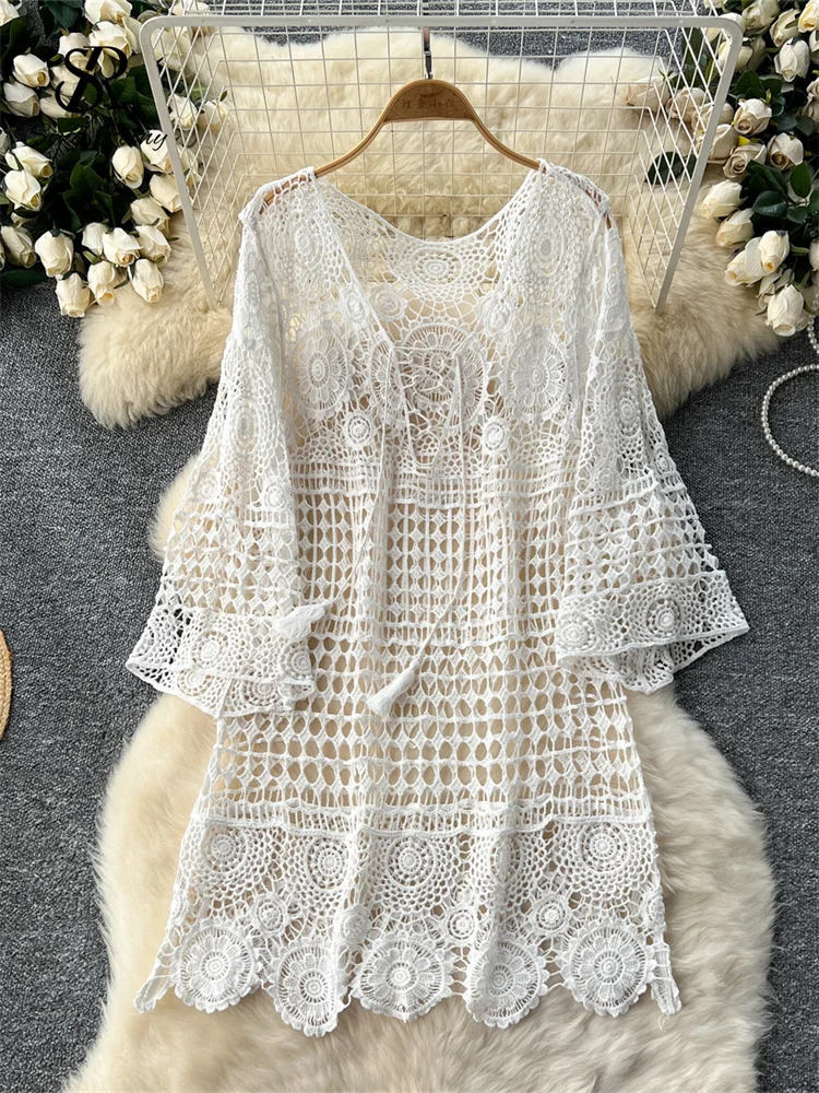 SINGREINY Korean Gentle Style Knitted Dress Fashion Long Sleevle V Neck  Loose Dress Women Hollow Out Vacation Beach Sexy Dress - AliExpress  200000345