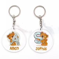 Personalised Cartoon Bear with Name Keychain Pendant Acrylic Key Chain Key Ring School Bag Hanging Accessories Gift for Kids