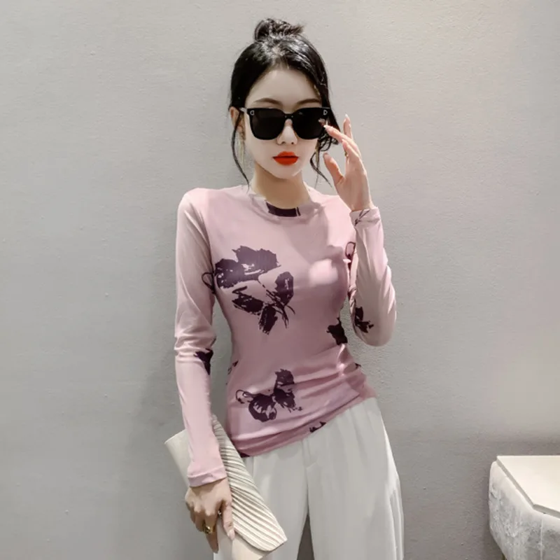 #8686 Pink Printed Mesh T Shirt Women Round Neck Tight Tshirt Female Long Sleeve Office Retro Streetwear T-shirt Korean Fashion