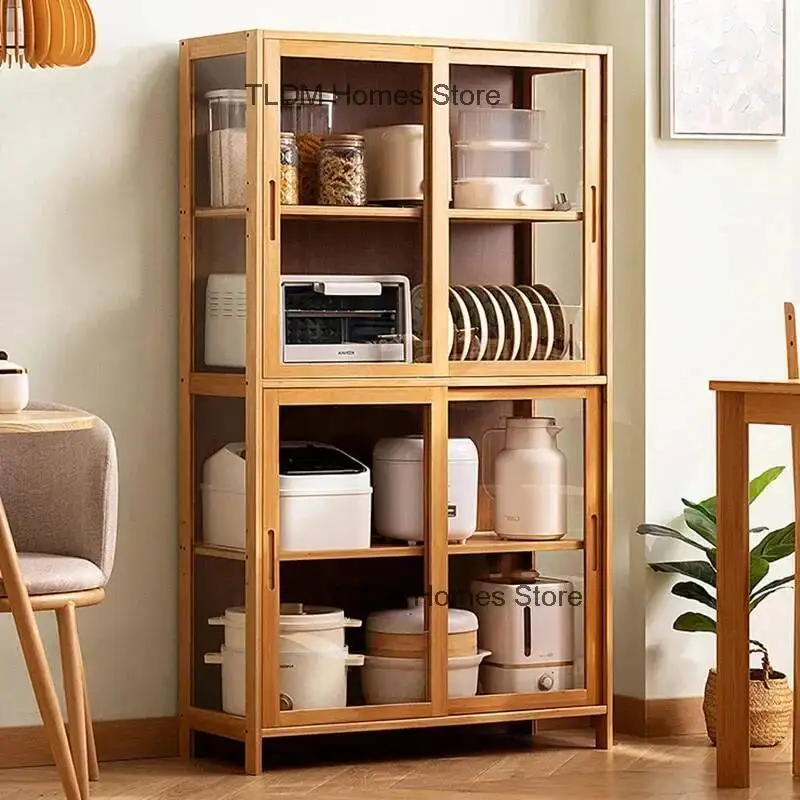 خزائن المطبخ المصنوعة من الخيزران لخزانة المطبخ الصغيرة على الأرض، خزانة تخزين الأطباق المنزلية متعددة الطبقات، خزانة بسيطة #3