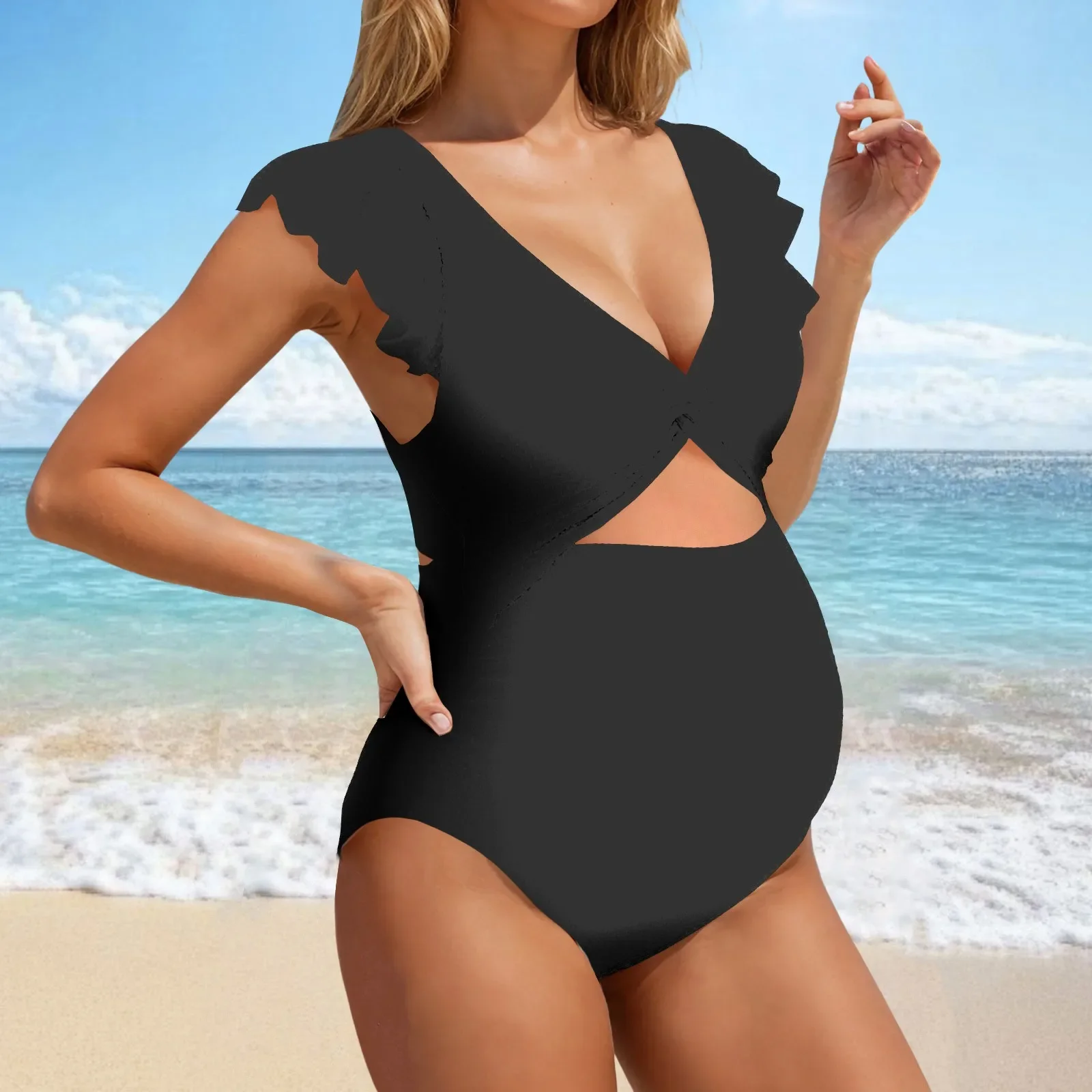 편안한 임신 수영복 솔리드 컬러 특수 패브릭 원피스 수영복 간단한 프릴 가장자리 여성용 비치 의류