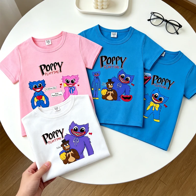 T-shirt pour enfants Game Poppy Playtime, Huggy Wuggy, fille et garçon, à manches courtes, vêtements de dessin animé pour bébé, hauts d'été en coton pour enfants