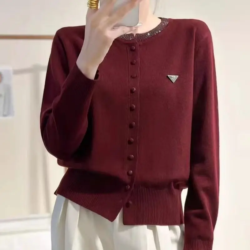 

Spring New Round Neck Diamond-set Women's Knitted Solid Color Cardigan Jacket Korean Loose Long-sleeved Sweater