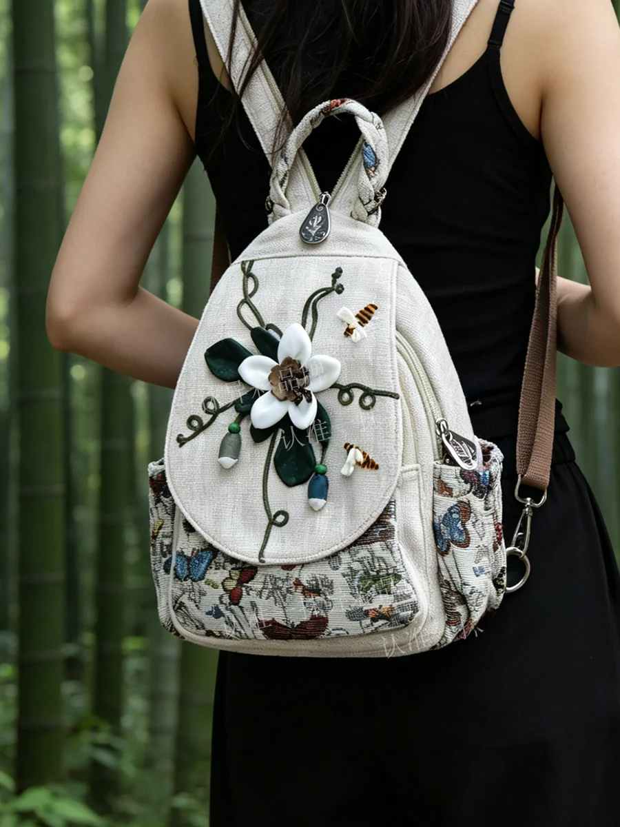 Lightweight Ethnic Style 3D Flower Pattern Dual Shoulder Travel Chest Bag Versatile  Retro Cloth Backpack for All Ages