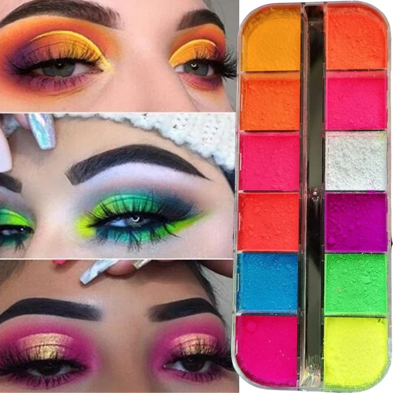 12 Color Phosphor Mixed Neon Powder Eyeshadow Pallete Pigment Matte Mineral Spangle Nail Powder Cosmetics Make Up EyeShadow Set