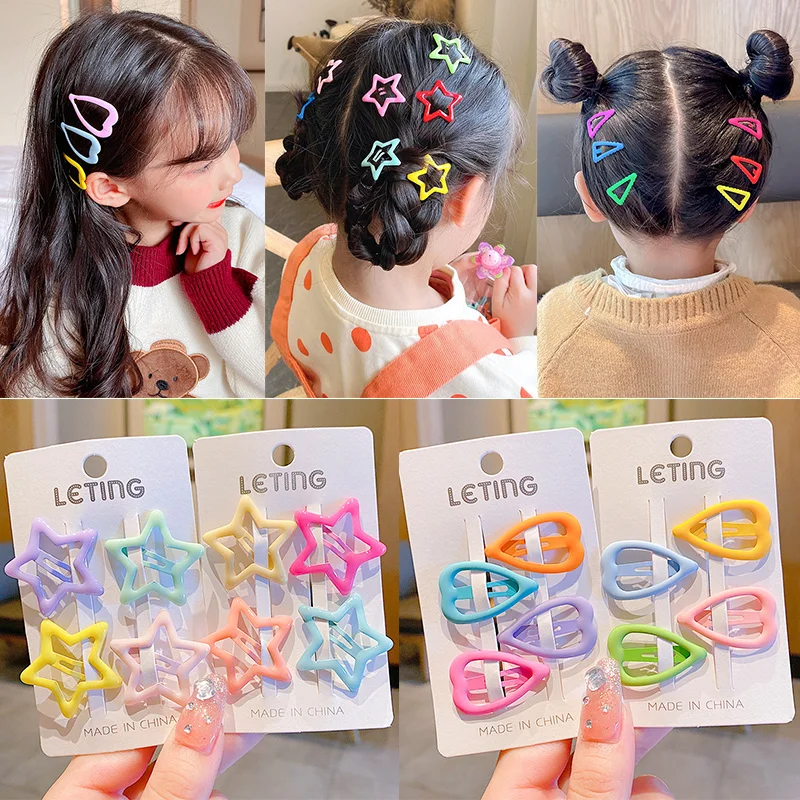 4/8 Pcs/Set Children Cute Colors Geometric Stars Heart Ornament Hair Clips Baby Girls Lovely Sweet Hairpins Kid Hair Accessories