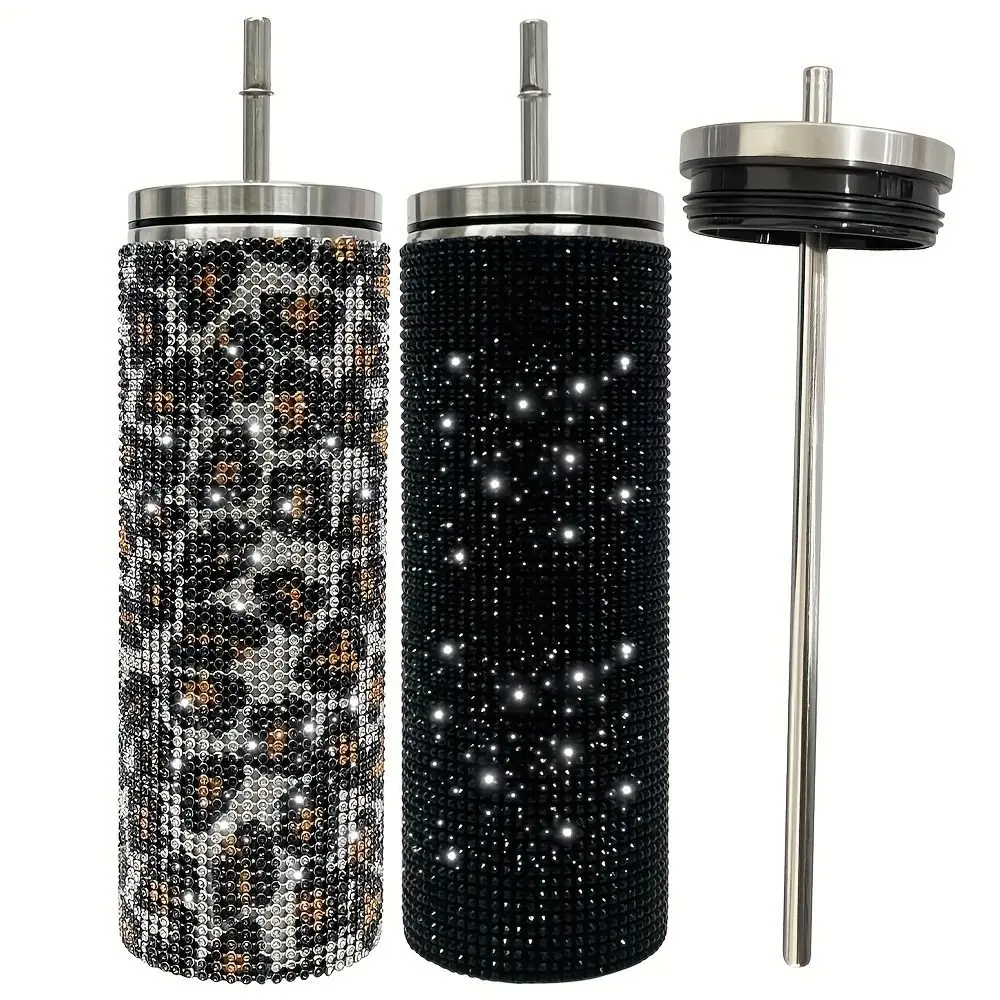 

600ml Rhinestone Thermos Bottles Bling Leopard Print Vacuum Flasks Insulated Reusable Glitter Coffee Travel Mug Children's Gifts