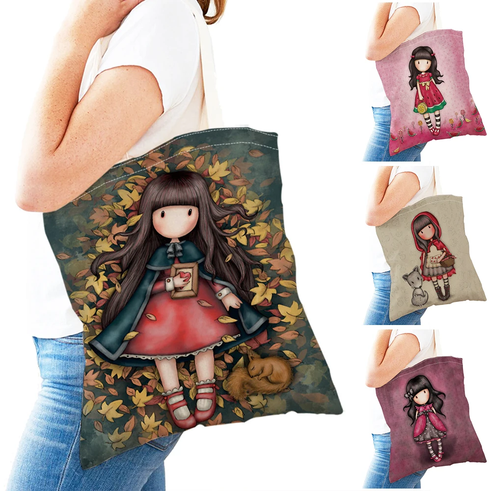 Fairy Tale World Lovely Child Gift Shopping Bags Cute Cartoon Girl Double Print Reusable Canvas Shopper Bag Lady Handbag Tote