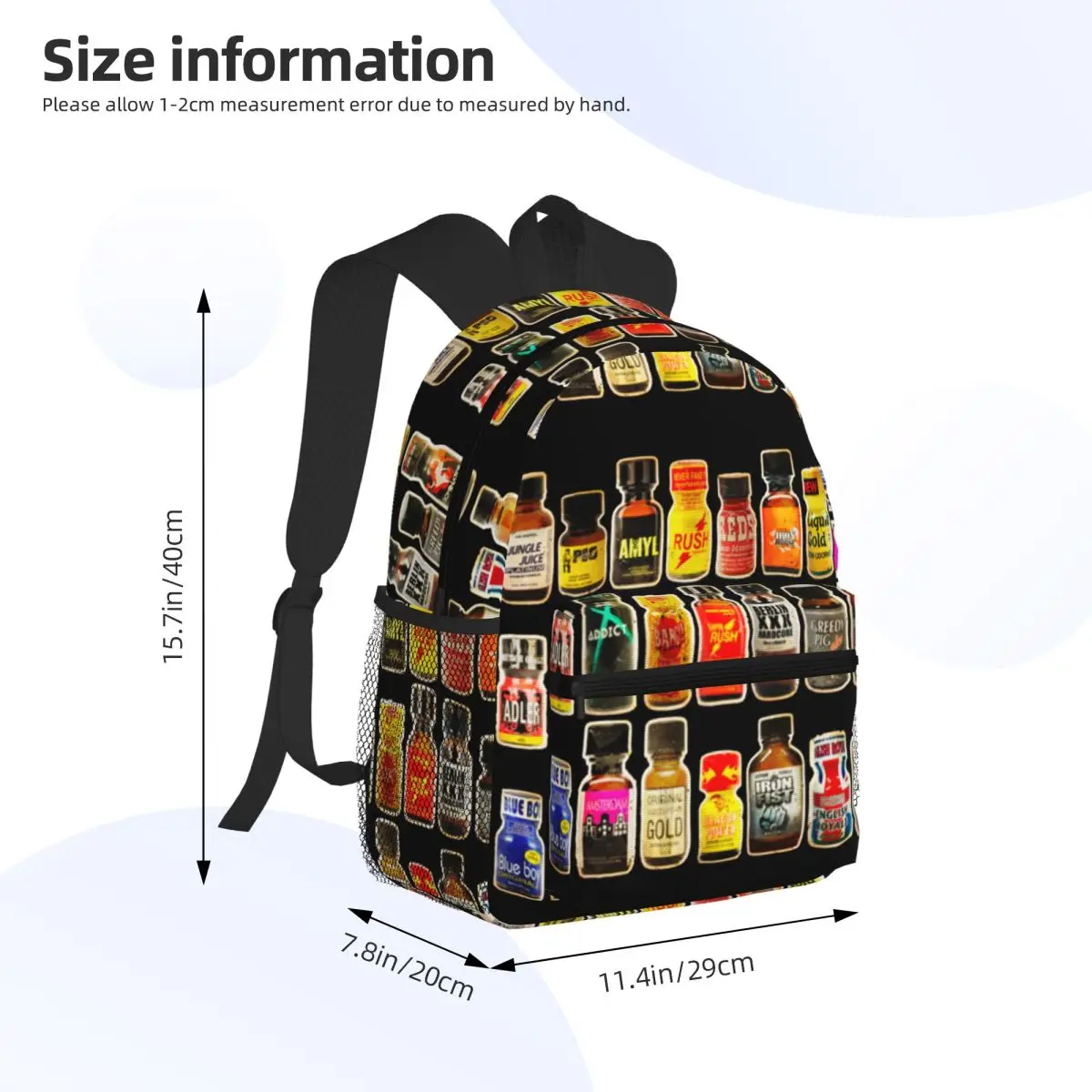 Poppers Bottles Gay Rush Jungle Juice Amyl Inhaler Student Backpack School Bag Hiking Travel Daypack for Men Women Bookbag