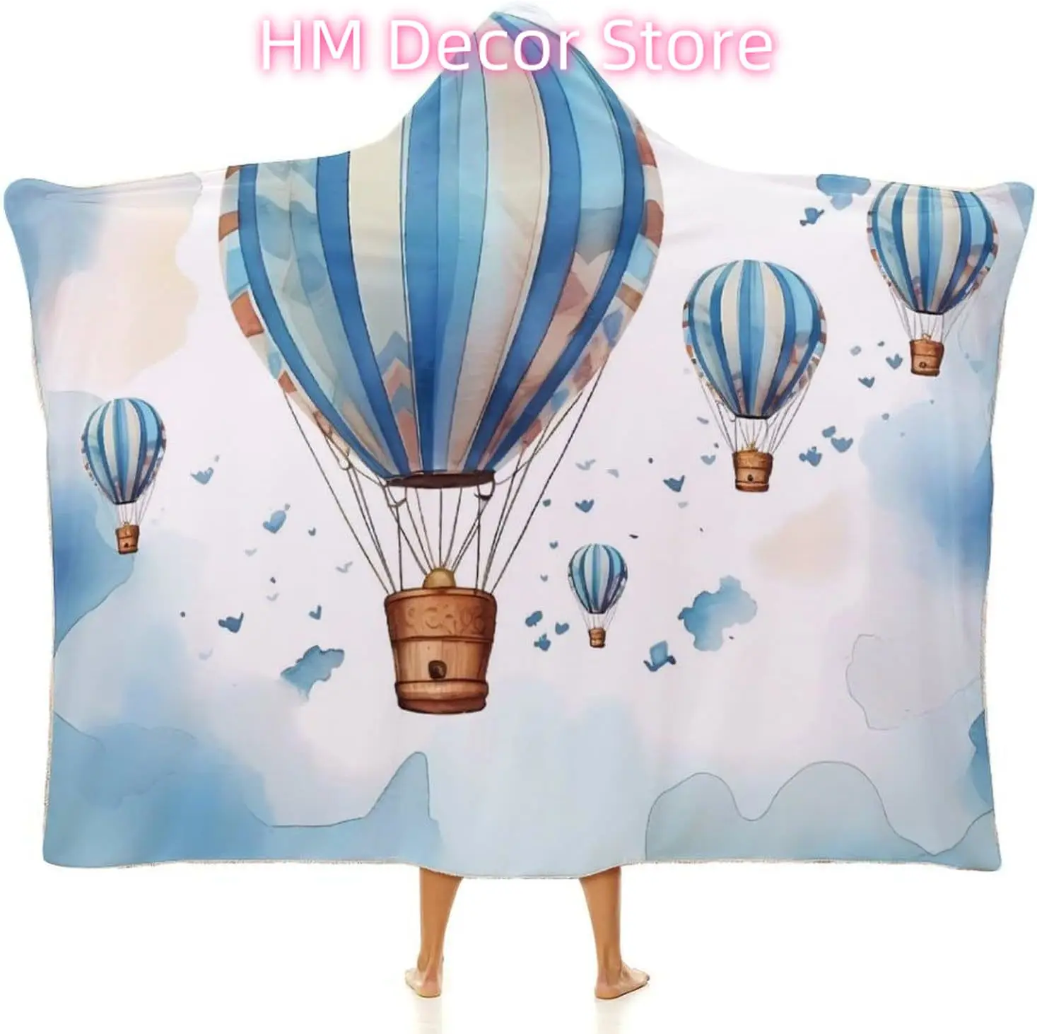Blue Hot Air Balloon Wearable Hooded Blanket, Ultra Soft Arctic Velvet Cape Cloak Unisex - Cozy Wearable Blanket 50