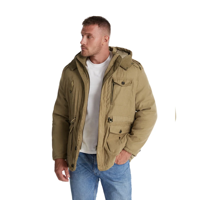 Winter Men's Jacket Large Lamb Fleece Hooded Cotton Jacket Thickened Multi Pocket Cotton Top Casual Mid length Coat