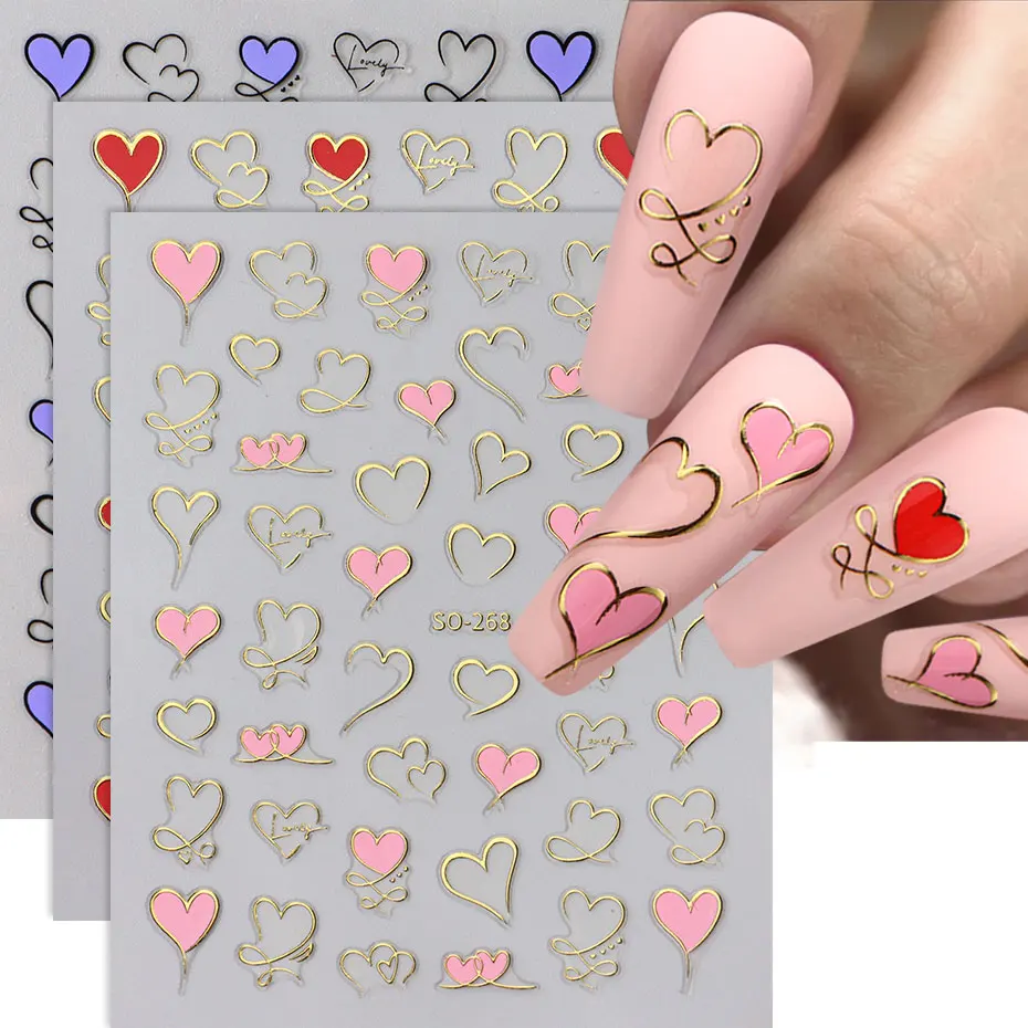 3pcs Y2K Gold Wave Line Heart Decals 3D Red Pink Golden Love Design Nail Stickers Adhesive Valentine Sweet Nail Manicure Slider