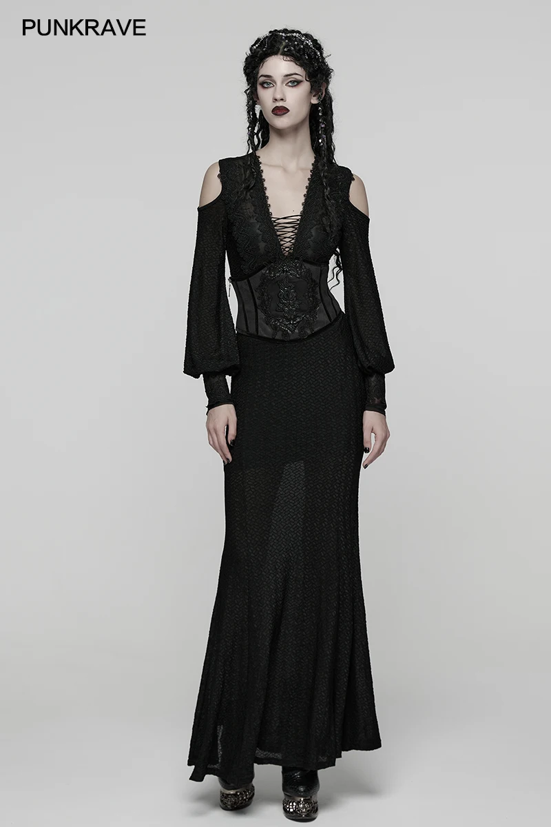 PUNK RAVE femmes élégant Goth délicat dentelle col en v cordon robe transparente charme Sexy évider Romance fête longues robes