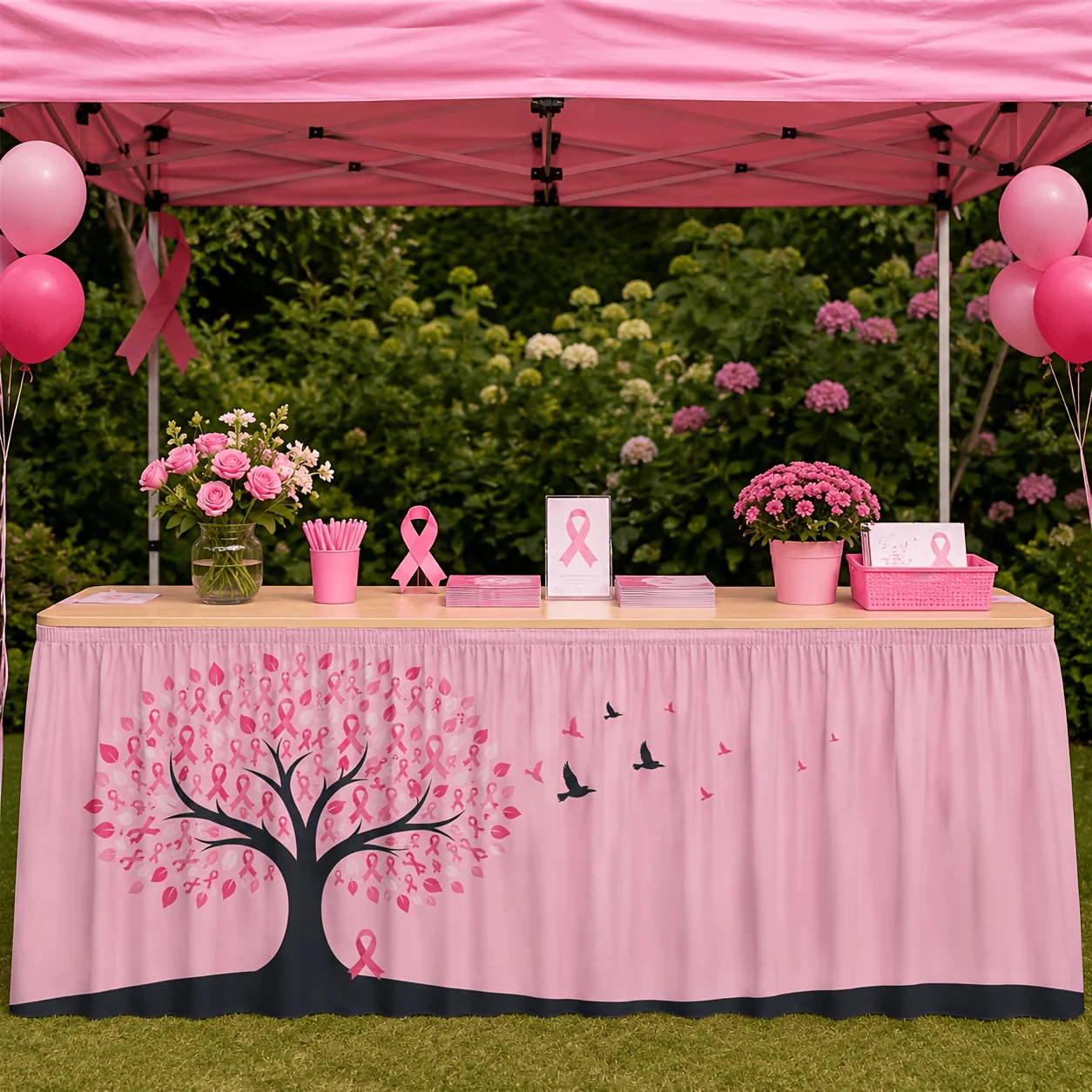 One table skirt. Breast cancer awareness theme table skirt. Hope tree. Pink ribbon full leaf.