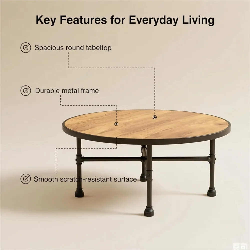 Round Coffee Table, Circle Wood Pottery Barn Coffee Table with Heavy Duty Metal Pipes Legs, Accent Cocktail Table Cen