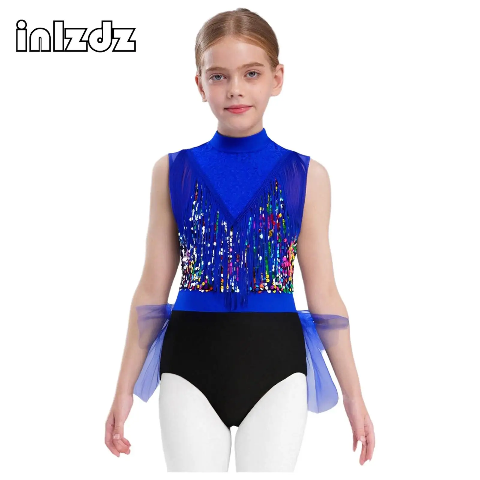 

Kids Girls Latin Jazz Dance Dress Sleeveless Cutout Back Tassels Shiny Sequins Color Block Stage Performance Costume Dancewear