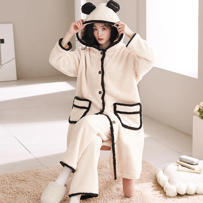 Autumn Winter New Coral Fleece Pajamas Women Hooded Cardigan 2 Pieces Pajamas for Women Simple Solid Color Pajamas for Girls