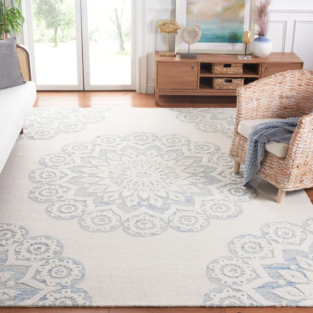 

Area Rug 8x10 Blossom Collection Large Ivory amp Blue, Handmade Wool, Mandala Medallion Design, Ideal for Living Room, Bedroom,