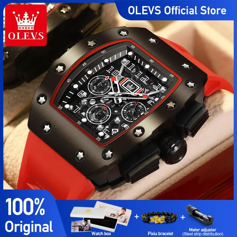 

OLEVS Men's Watch Tonneau Wristwatch Quartz Hollow Out Watches Waterproof Stylish Design with Silicone Strap