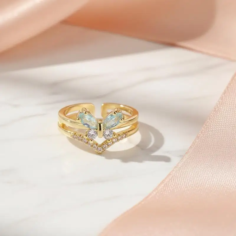 Double Layer Crystal Butterfly Mermaid Tail Open Ring Adjustable Stackable Finger Ring For Women Fashion Jewelry Gift