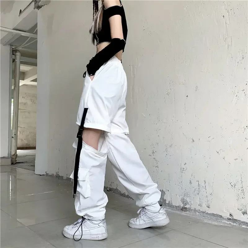 Women Y2k Pants Korean Techwear Emo White Streetwear Cargo Harajuku Loose Patchwortk Alt High Waist Casual Removable Trousers