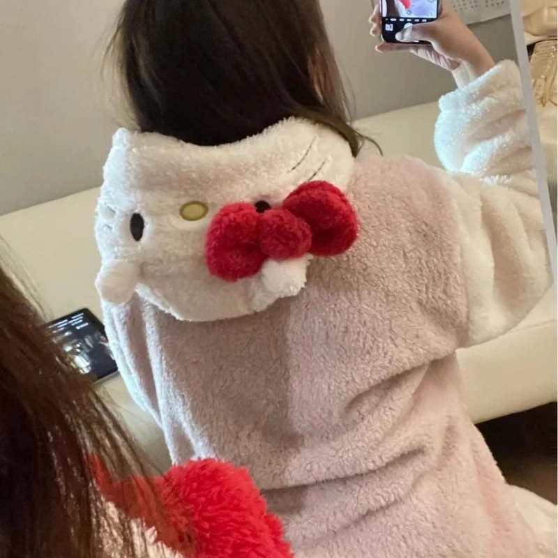 Miniso Hello Kitty Plush Fur Pajamas Robe Suit Anime Cartoon Homewear Winter Thickened Keep Warm Halloween Christmas Girl Gift